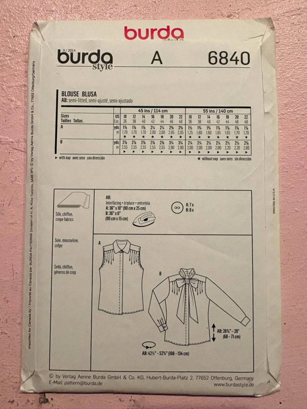 BN UNCUT BURDA 6840 BLOUSE SEWING PATTERN